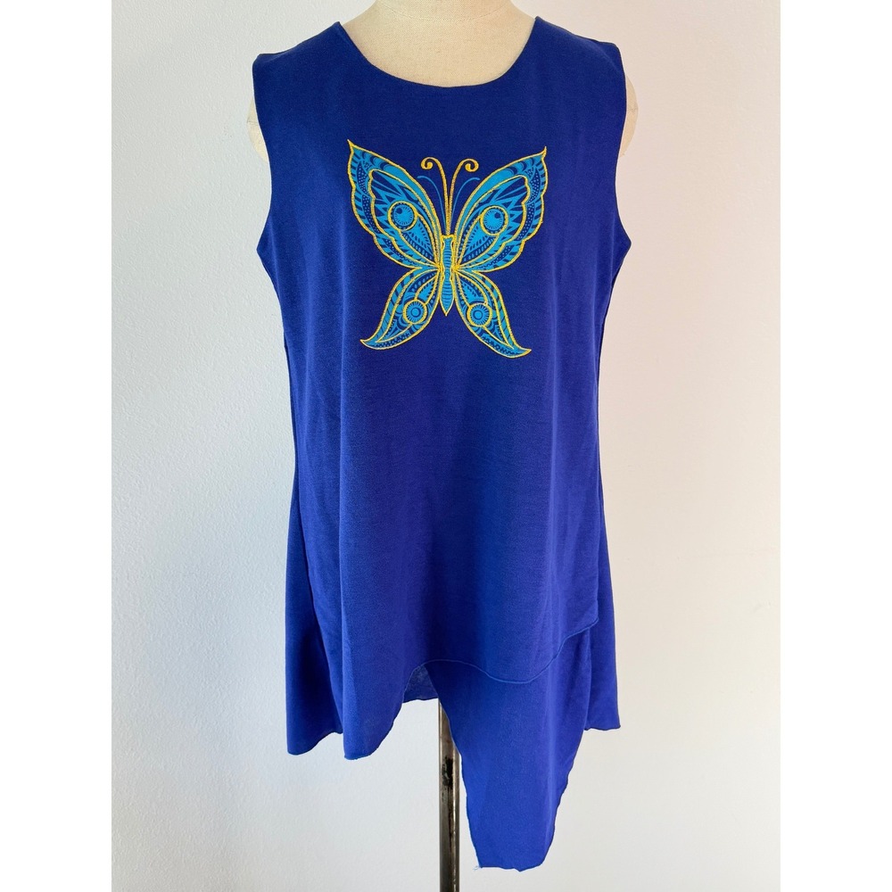 Y2K Rising International Blue Butterfly Embroidered Asymmetric Tunic Tank NWT XL